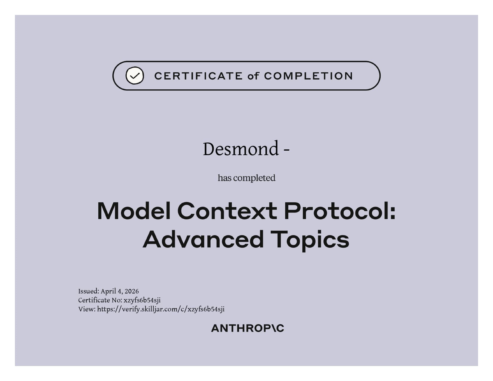 Advanced MCP Anthropic Course Certificate
